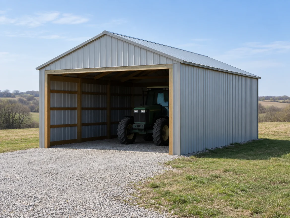 Concept farm machinery shelter with an open entrance and a parked tractor