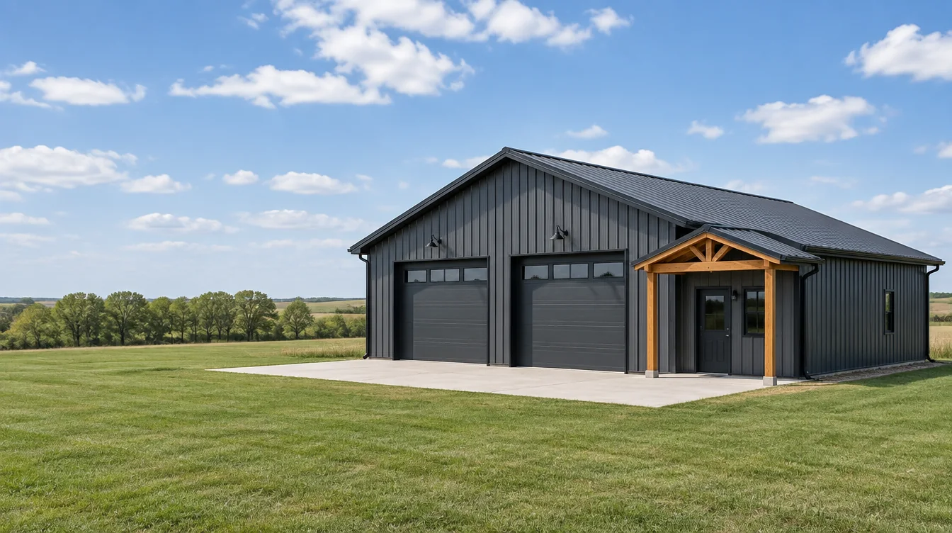 Concept of a charcoal post-frame workshop with two overhead doors and a timber porch