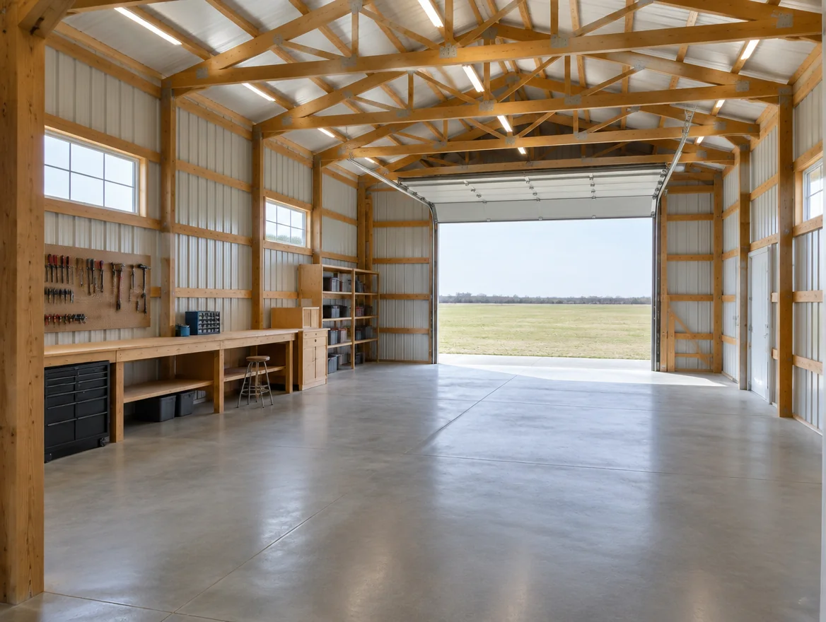 Concept workshop interior with an open vehicle bay and a workbench along the side